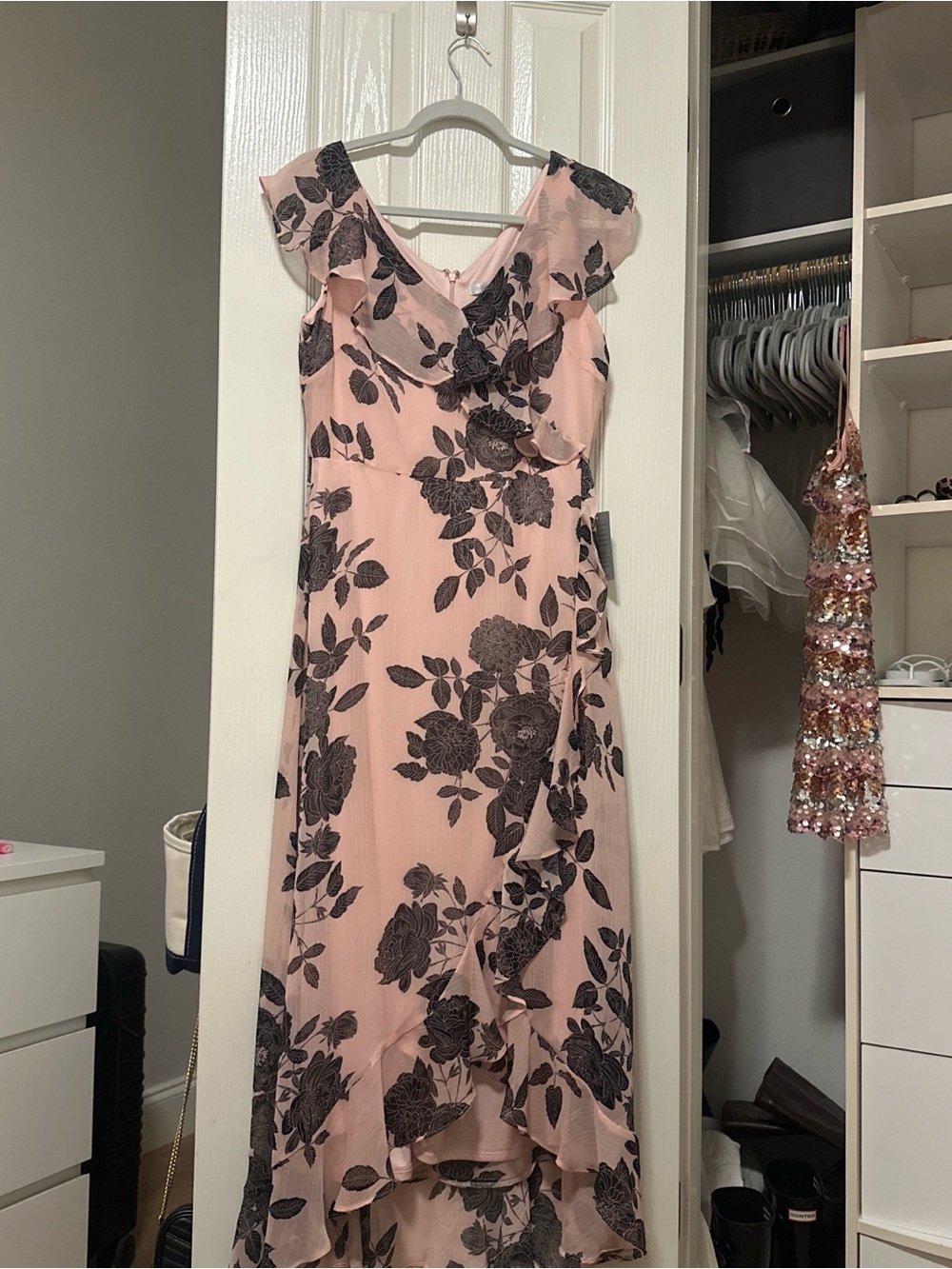 London Times Pink Floral Ruffle High-Low Dress